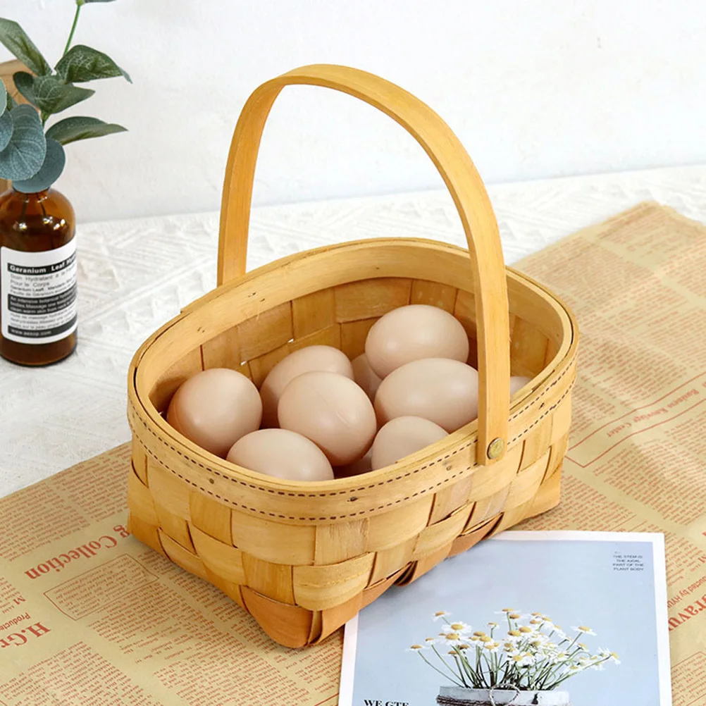 

1pc Wooden Woven Basket Portable Fruit Vegetable Storage Gift Basket For Picnic Camping Garden Gathering Farmers Market