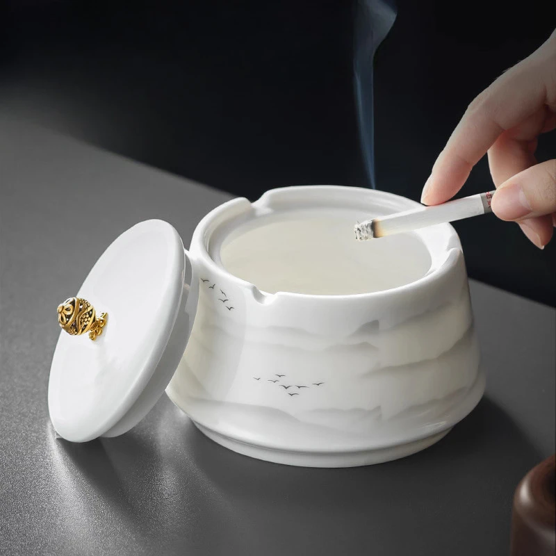 Chinese style Ceramic With Cover Ashtrays, Living Room Office Decor Accessories, Creative Personalized Anti Fly Ash Ashtray, 1Pc