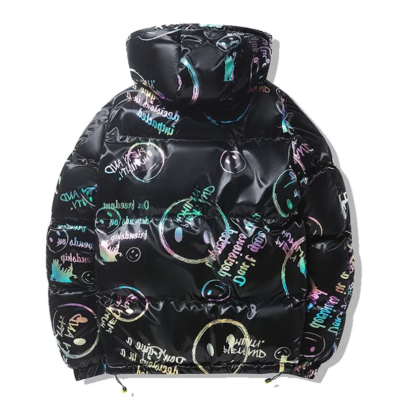 Winter Glossy Hooded Padded Jacket Men Graffiti Smiley Print  Oversized Streetwear Parkas Unisex Hip Hop Outerwear Zipper Coat