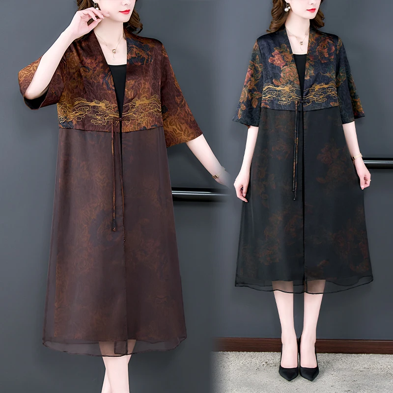 2023 Summer Women's Silk Vintage Printed Windbreaker Coat with Chinese Style Embroidery Thin Medium Length Cloak Robe