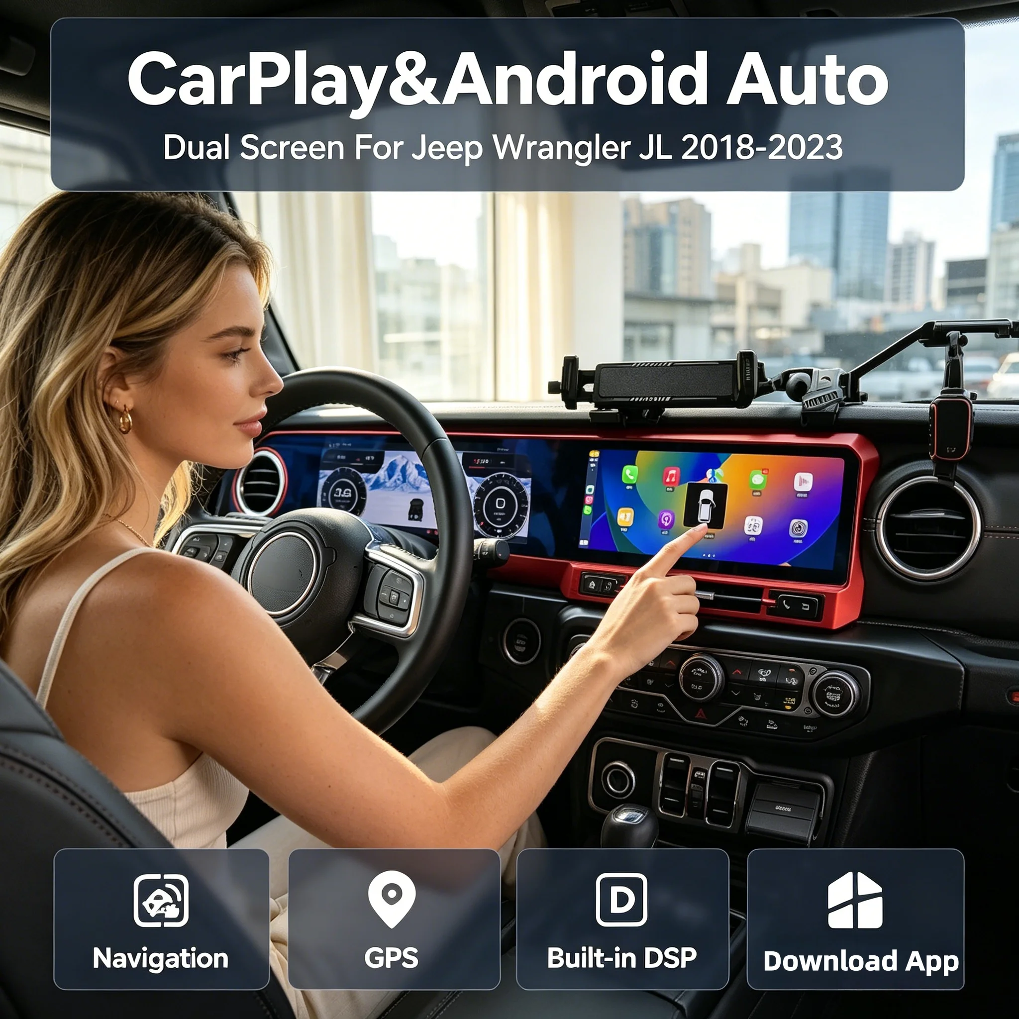 24.6 Inch Dual Screen Carplay Android Car Radio For JEEP Wrangler JL 2018-2022 Gladiator Multimedia Video Player GPS Navigation