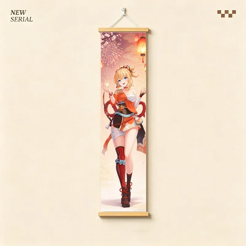 Hanging Scroll Wall Art of Genshin Impact Yoimiya with Glowing Orange Flames on Silver Shimmer Canvas for an Anime Bedroom