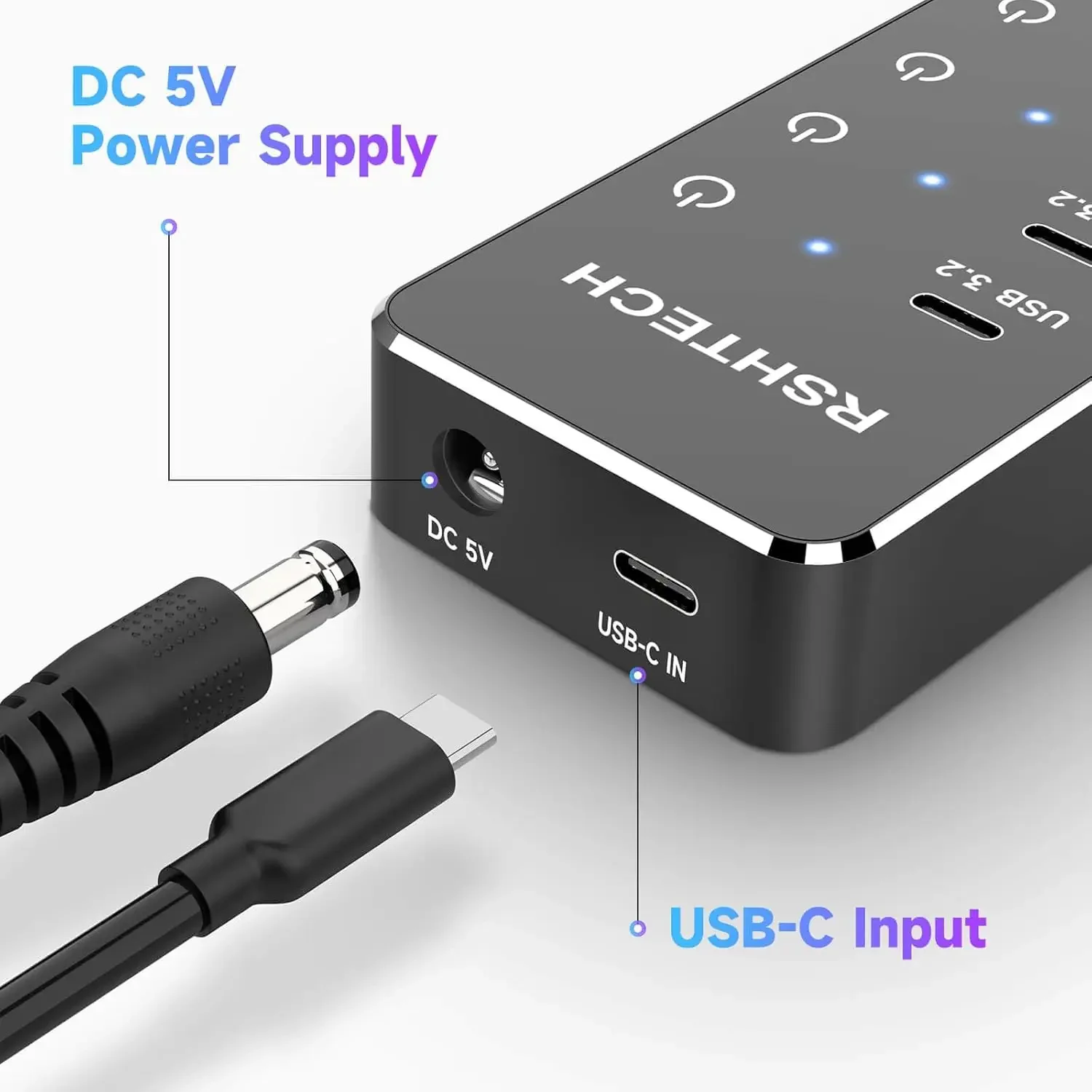 RSHTECH 7-Port Powered USB C Hub with 10Gbps USB-C 3.2 Ports Individual Touch Switches 5V/3A Power Adapter Laptop USB Splitter image 5