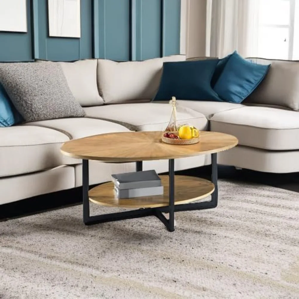 Mesa de centro oval estilo industrial moderno com pernas cruzadas de metal e prateleira aberta, 43,3 polegadas