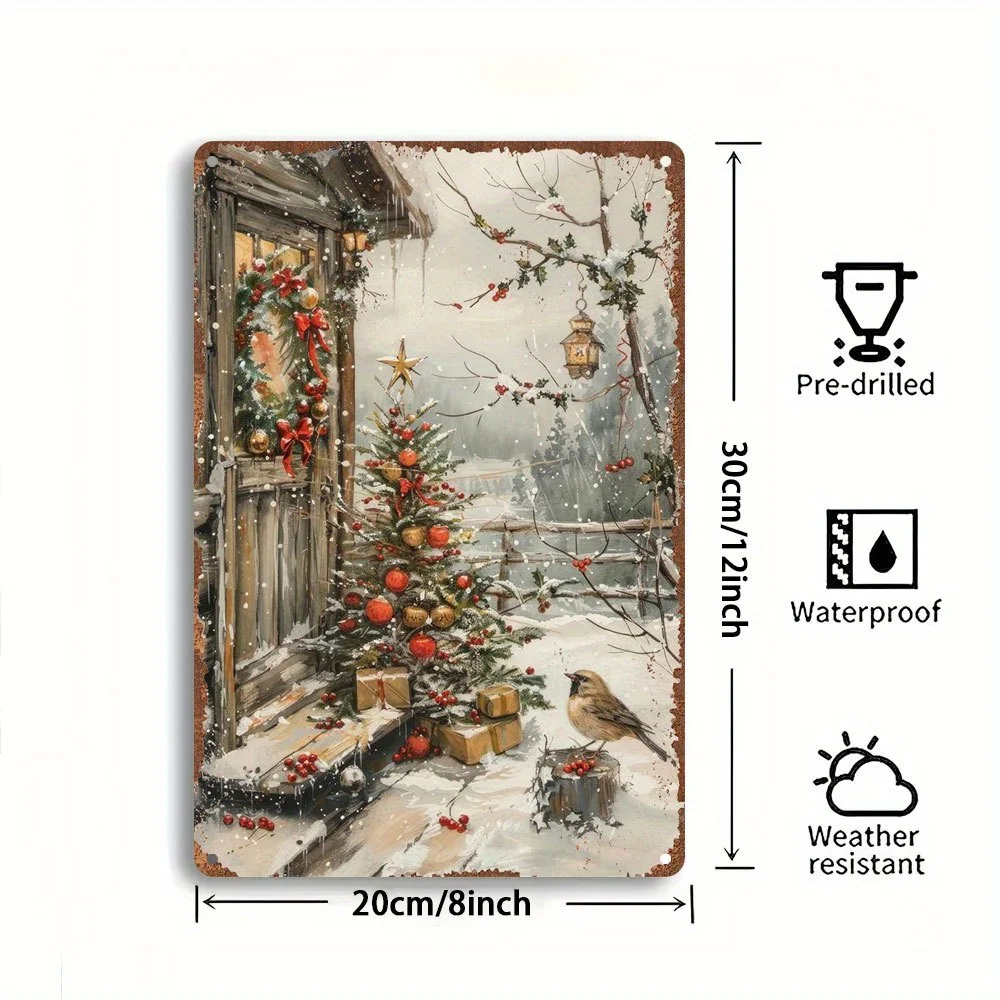 1pc Vintage Rustic Tin Metal Wall Sign - Winter Christmas Snowy Tree & Presents Wall Art Suitable for Home, Pub, Cafe - Durable