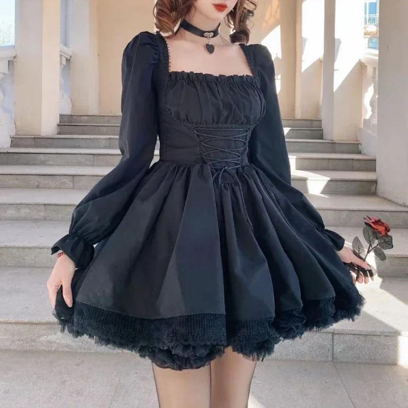 White Lolita Dress Kawaii Vinatge Long Sleeve Mini Dresses Black Gothic Bandage Lace Patchwork Streetwear Square Collar