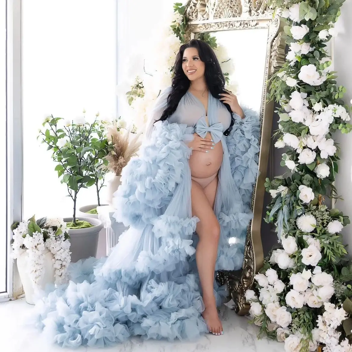 Illusion Sky Blue Maternity Dress Women Dala Gowns for Photoshoot V Neck Fuffly Ruffles Pregnancy Babyshower Robes with Bow