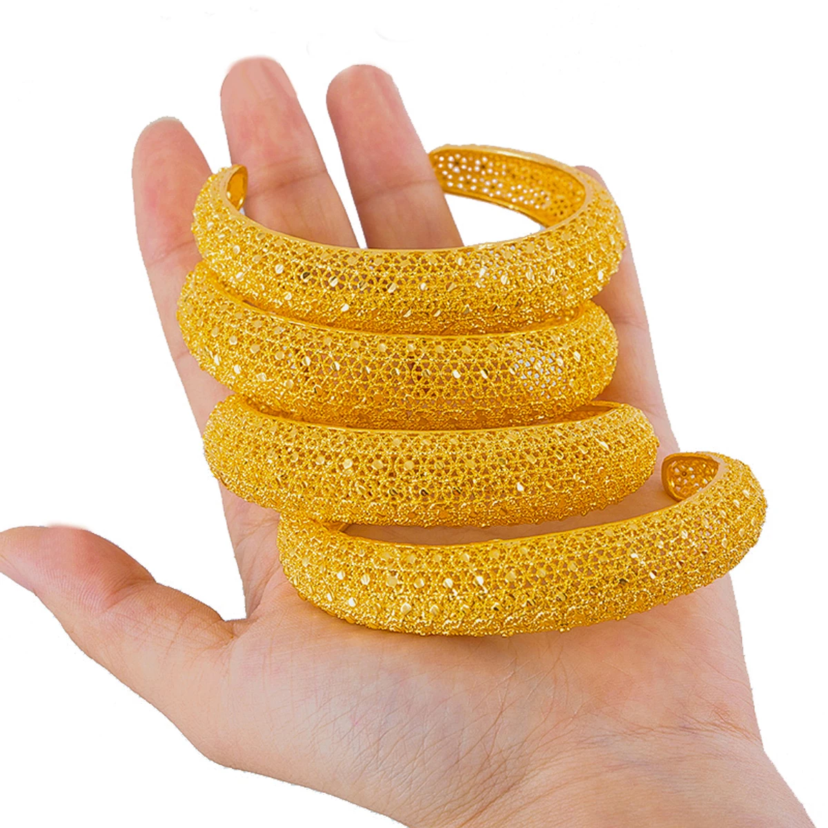 4Pcs Dubai Luxury Gold Plated Filigree Open Cuff Bangle Set Stackable Bracelets for Women Bridal Jewelry
