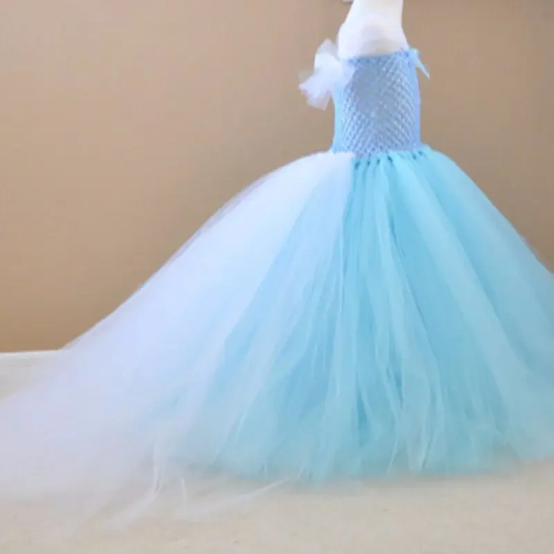 POSH DREAM Lavender Girls Dress with Train Tulle Princess Wedding Party Dress for Kids Girl Butterfly Bow Flower Girl Tutu Dress