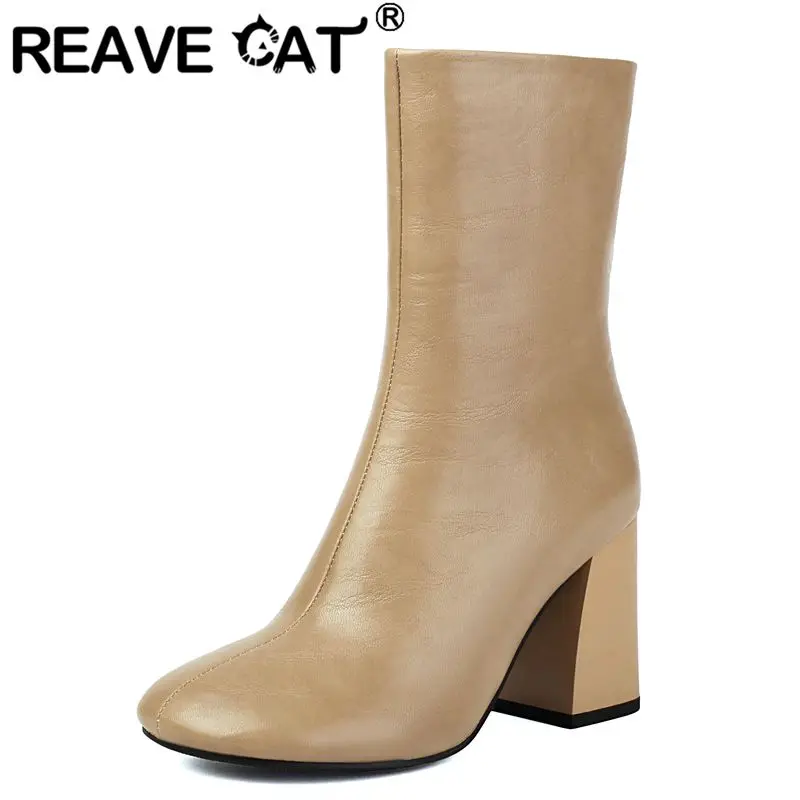

REAVE CAT Apricot Mid Calf Boots for Women Round Toe 8.3cm Block Heels Side Zipper Plus Size 44 45 46 Soft Daily Simplicity Bota