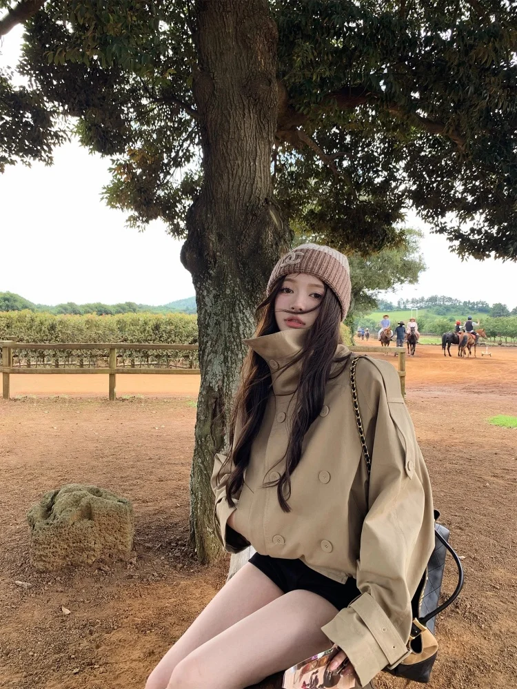

Kaki Short Stand Collar Women's Jacket Double Row Buttons British Style Coat Spring Autumn Small Size High Sensation Outerwear