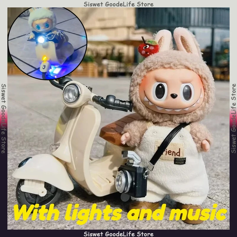 

Labubu Doll Electric Motorcycle Model Mini Doll Labubu Decor Accessories Funny Kid Toys with Lights and Music Desktop Ornaments