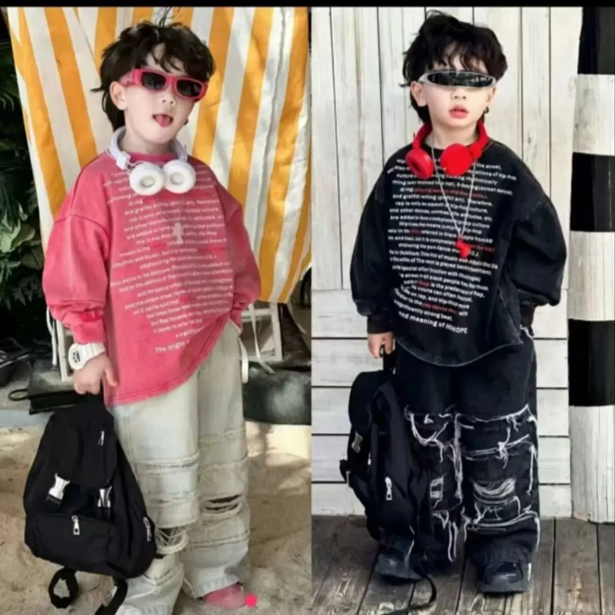 

Детский комплект на весну и осень, новая корейская версия, толстовка с принтом для мальчиков и девочек + джинсы, модный и стильный комплект из двух предметов.