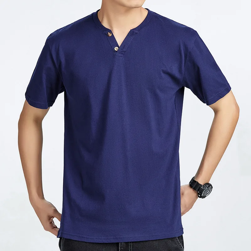 الصلبة اللون الخامس الرقبة زر قصيرة الصيف جديد تي شيرت قاعدة قميص كم أعلى الملابس الرجالية العصرية