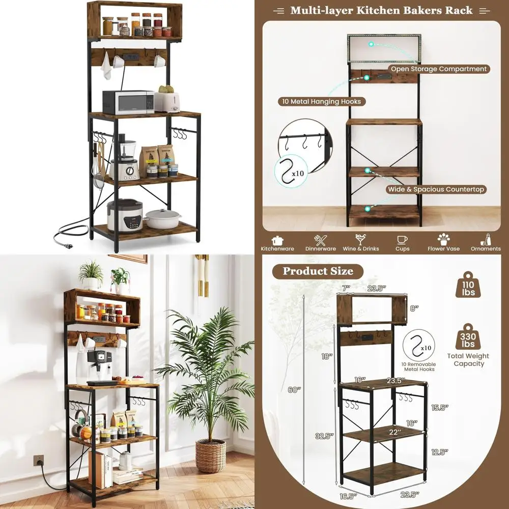 

60 Tall Microwave Stand with Open Shelves, 10 Hooks, Multifunctional Coffee Bar, Kitchen, Dining, Living Room, Rustic Brown