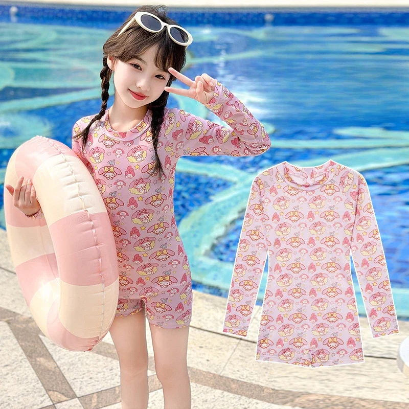 Kawaii My Melody Kid One-piece Swimsuit Sanrio Anime Girl Fashion 2024 New Summer Bathing Suit Long Sleeve Swimwear