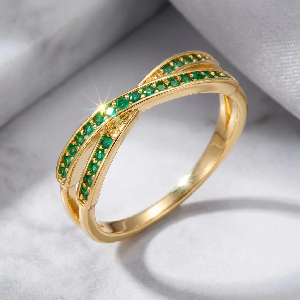 

Minimalist Stacking Crossed Brass Ring for Women Micro Paved Green AAA Zircon Finger Jewelry Wedding Daily Versatile Jewelry