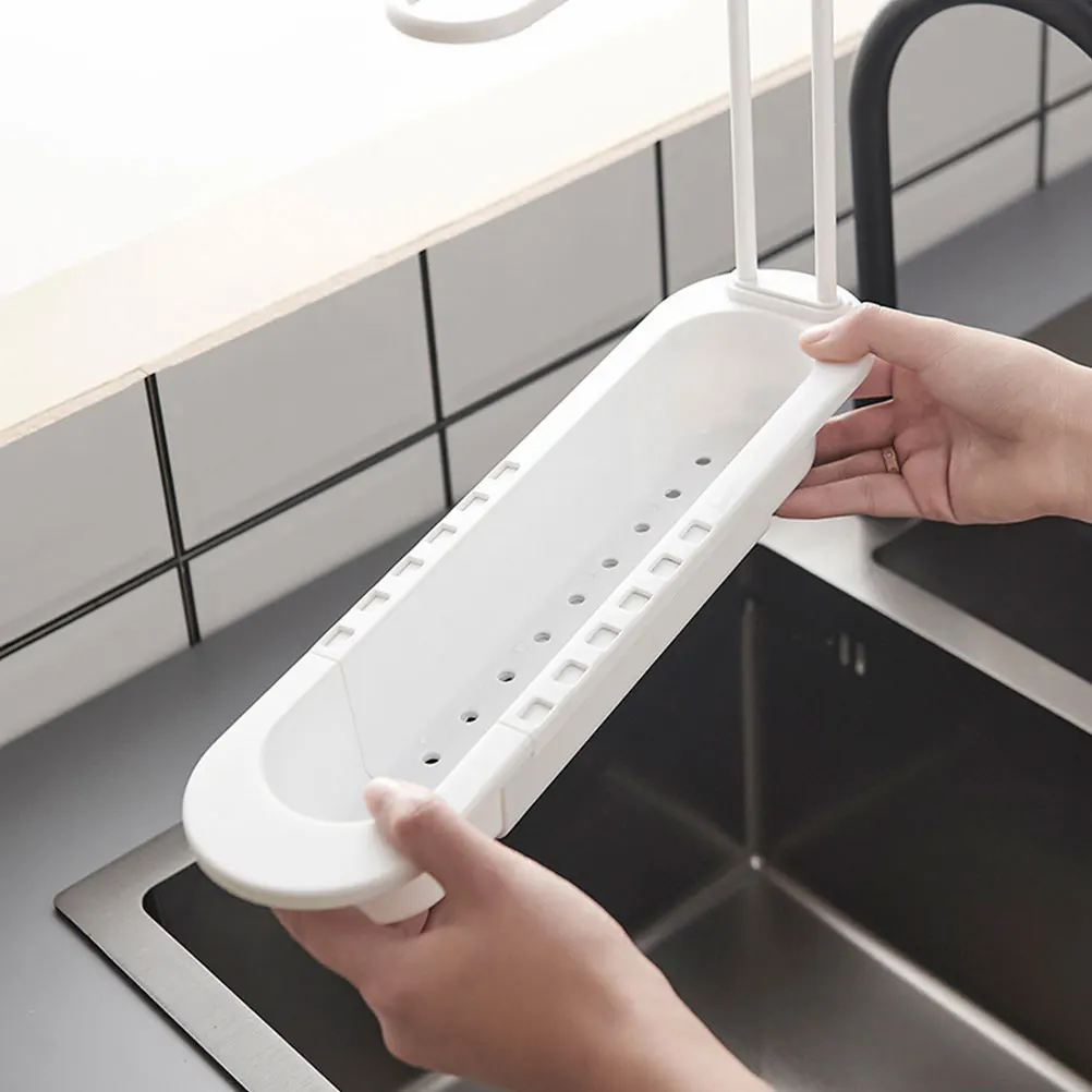 

Telescopic Sink Storage Rack Kitchen Organizer White Shelf PP Adjustable Size Towel Holder Fast Draining Space Saving