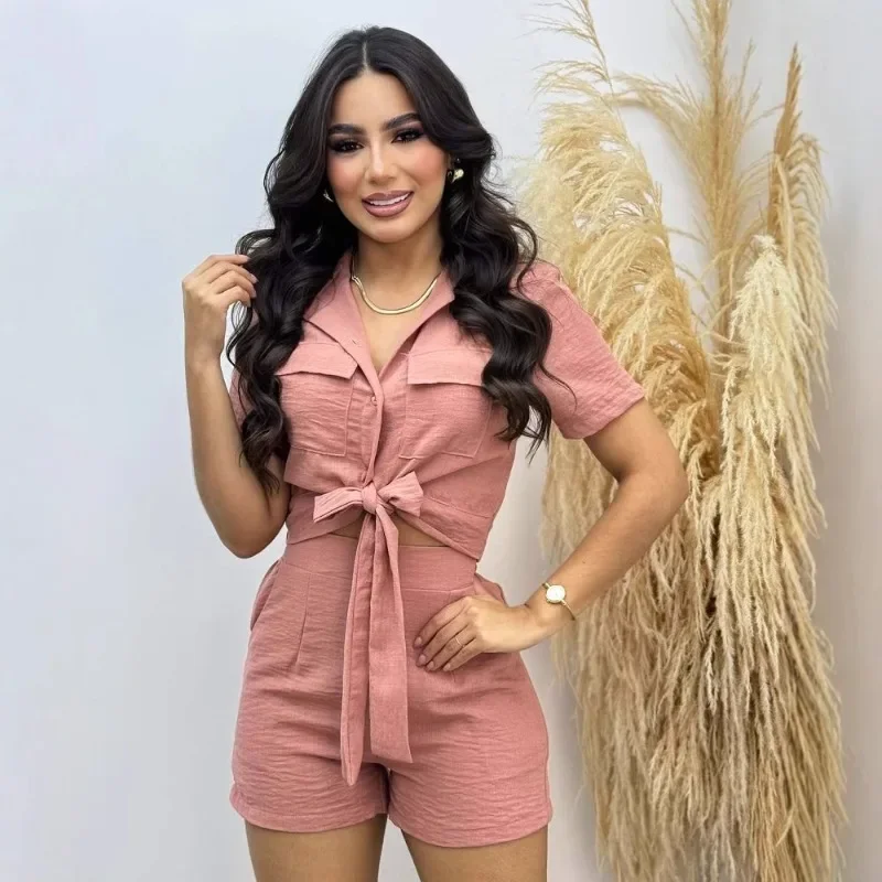 

Fashionable 2025 New Women's Trendy Short-sleeved Tie-waist Shirt And Casual Shorts Exclusive Design