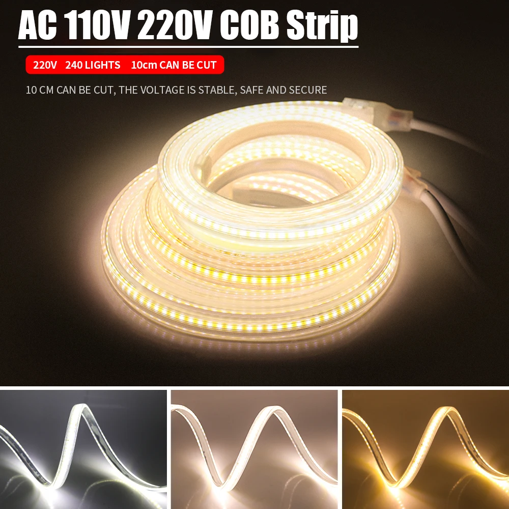 

110V 220V COB Strip Waterproof 288 Leds/M RA 80 Natural/Warm White Flexible Ribbon Rope FCOB Light For Home Decoration