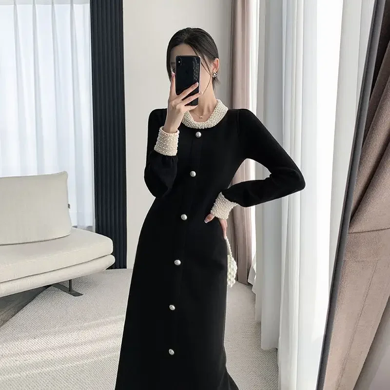 Kimotimo Autumn Winter Knitted Dress Women French Elegant Beading O-neck Long Sleeve Waist Single Breasted A-line Long Dresses