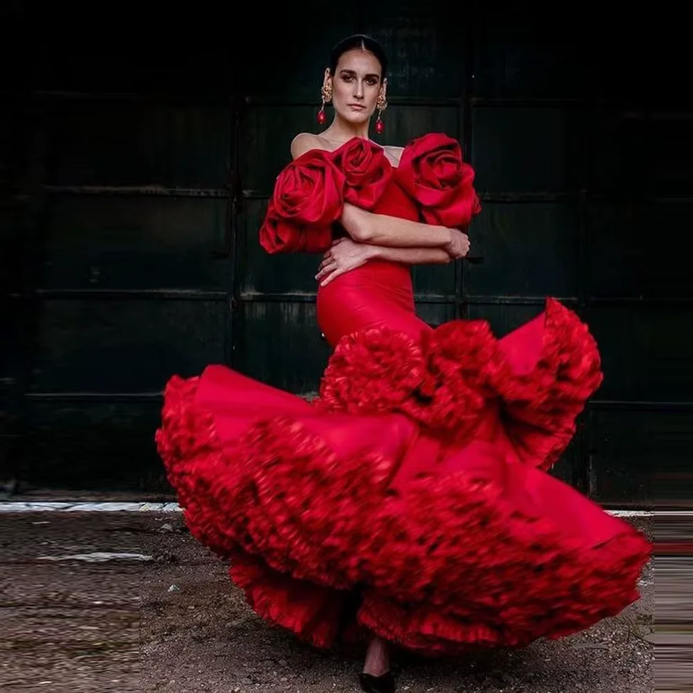 Red Satin Gown With Ruffled Layers And Floral Accents Perfect For Gala Events And Formal Dinners Custom Made Prom Dresses