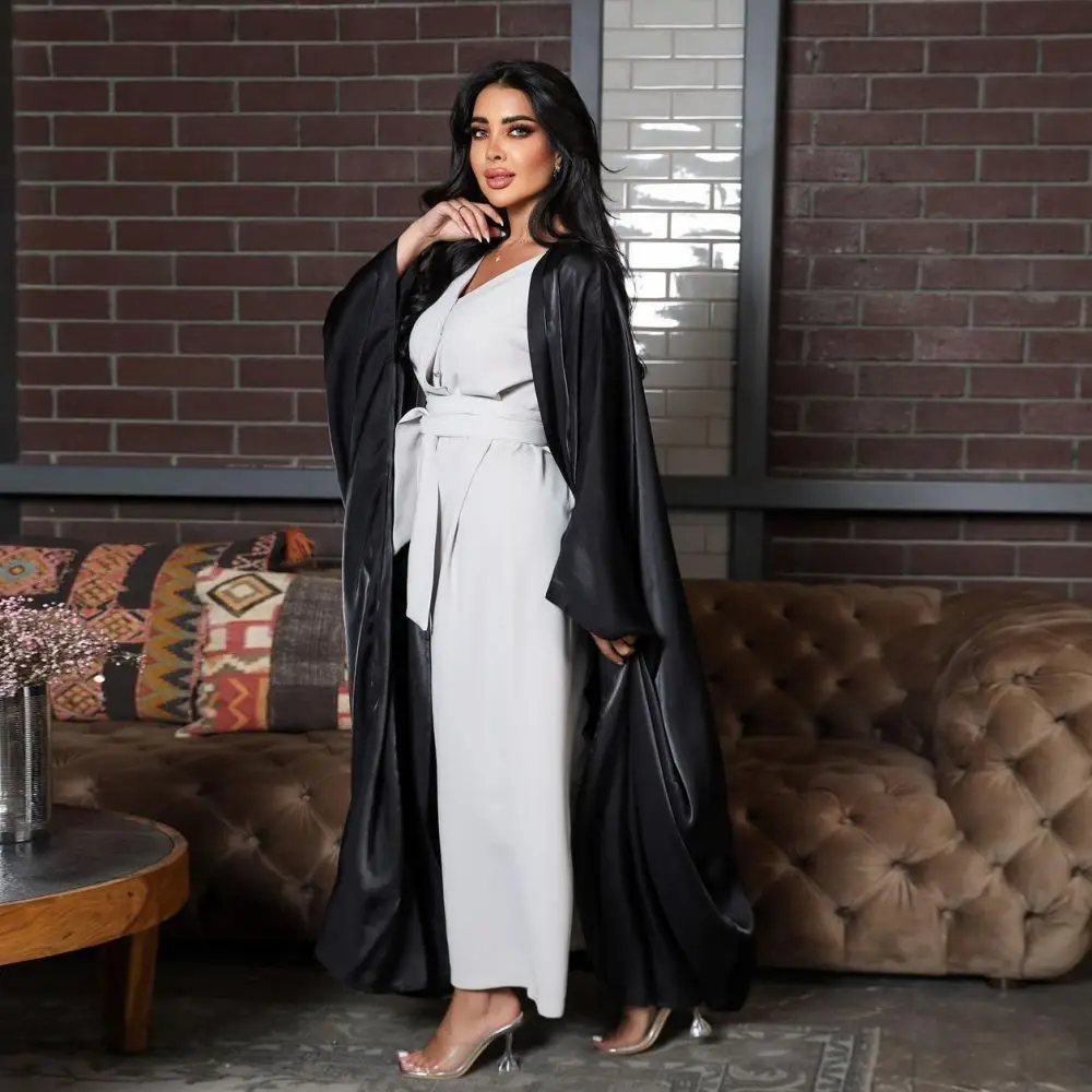 Open Front Kimono Abayas for Women Modest Muslim Moroccan Dubai Fashion Casual Loose Abaya Silk Satin Corban Eid Al Adha