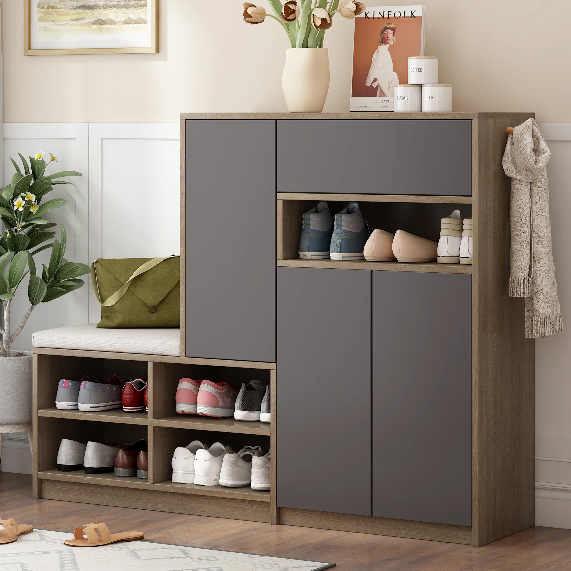 Schuhaufbewahrungsbank, Schuhschrank, Schuhregal mit gepolstertem Sitz, vielseitige Schuhaufbewahrungslösung mit Racks für den Flur – Detail 1
