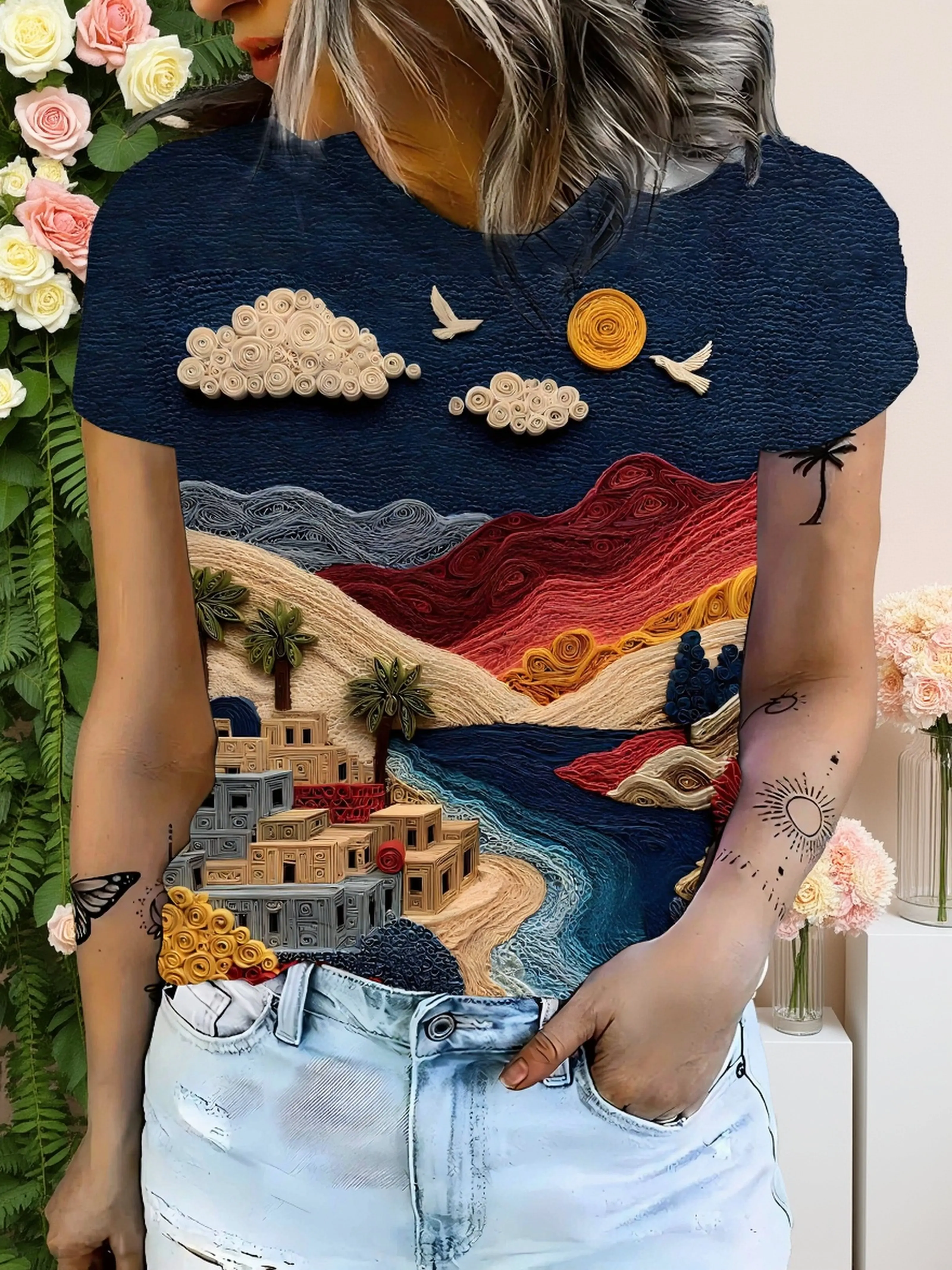 Women Short Sleeve T‑Shirt Faux Embroidery Mountain Village Landscape Print Sun Cloud Birds Round Neck Loose Summer Tops
