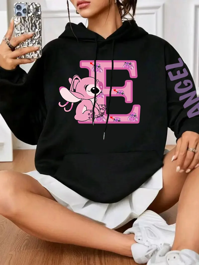 Kawaii Stitch 26 English Letters Long Sleeve Hoodie Y2k Clothes Angel Hoodies Women Clothing Hoodie Women's Sweatshirts Hoodie
