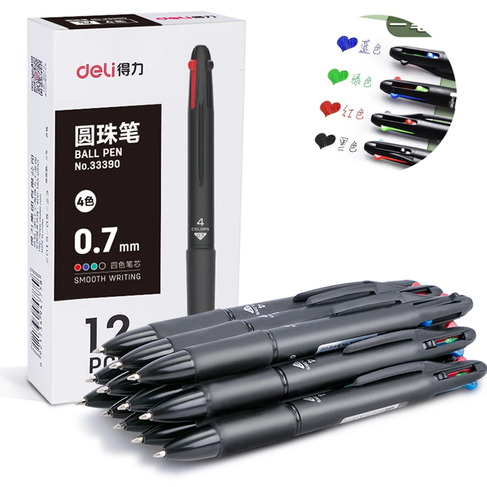 

DELI 4 In 1 Color Ballpoint Pen 12PCS/Lot Blue Black Red Green Colorful Ball Pens 0.7mm Ink Refill School Office Stationery