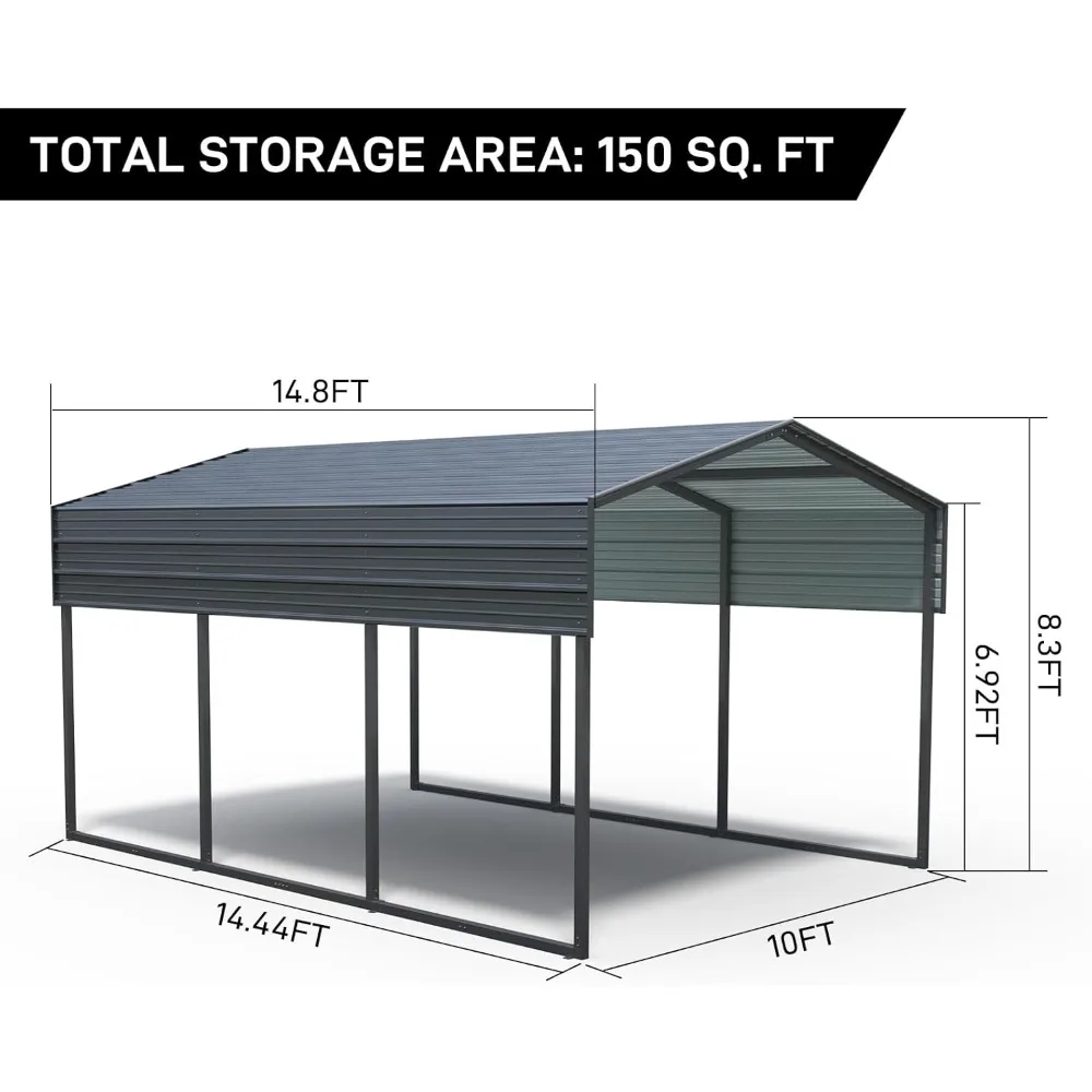 Carport 10x15FT Heavy Duty Outdoor Carport Canopy, Full-Size Metal Carport Kit with Galvanized Steel Roof, Garage Shelter