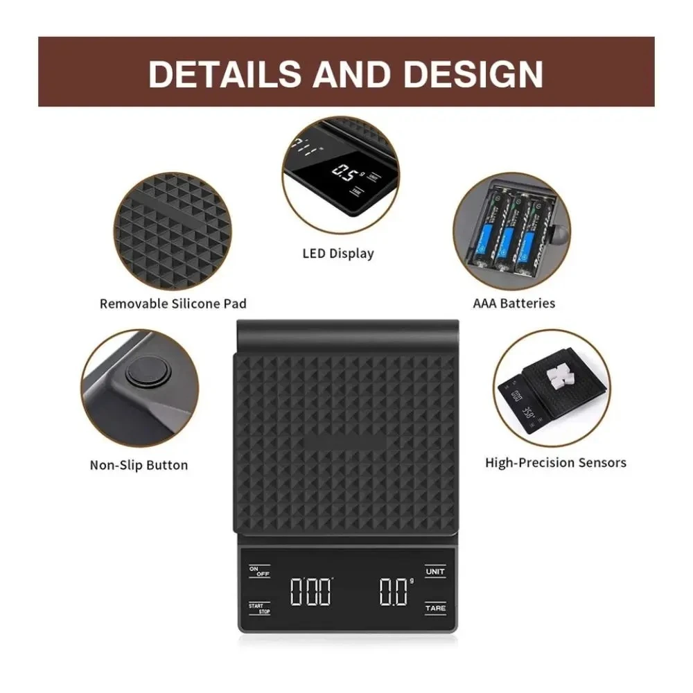 

Digital Coffee Scale With Timer LED Screen Espresso USB 3kg Max.Weighing 0.1g High Precision Measures Kitchen Scale