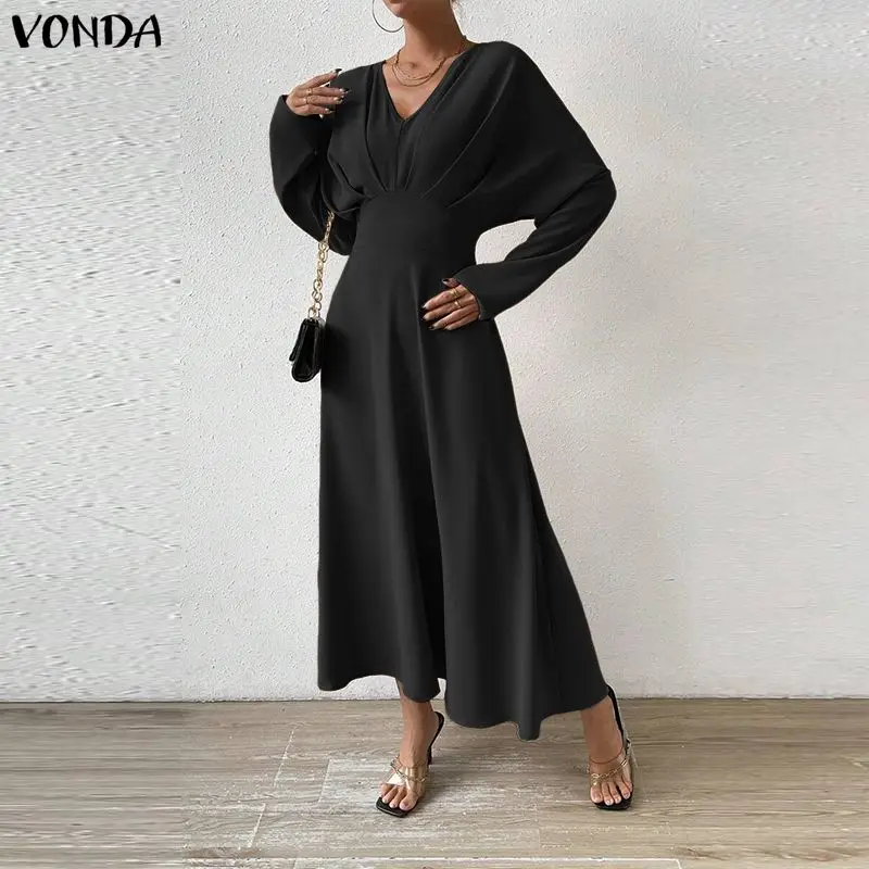 

Платье-халат VONDA для полных женщин, элегантное вечернее макси-платье, модное, с длинным рукавом, приталенное, с V-образным вырезом, сексуальное, для вечеринок, однотонное, уличная одежда, 5XL