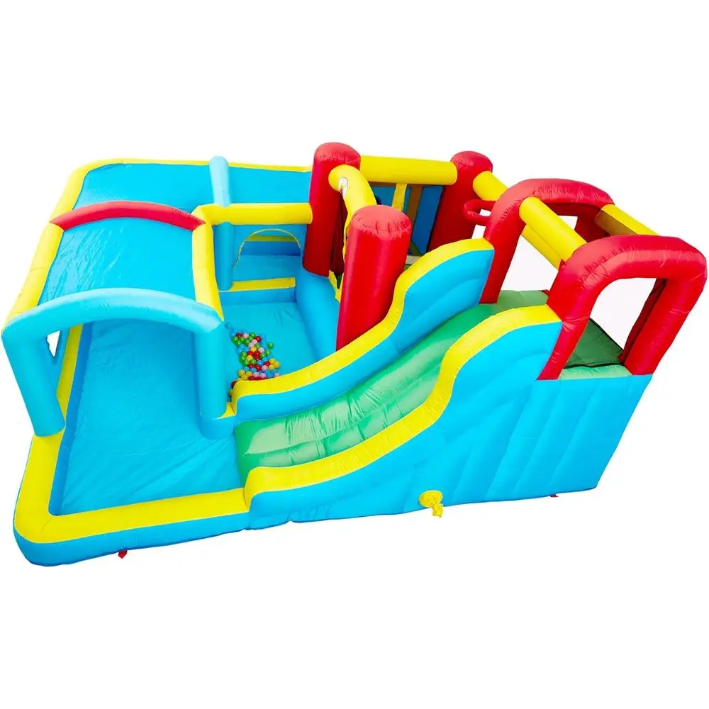 WELLUNTIME Iatable House with Slide, Jumping Castle with Blower and Wave Pool, Basketball Rim, Long Tunnel