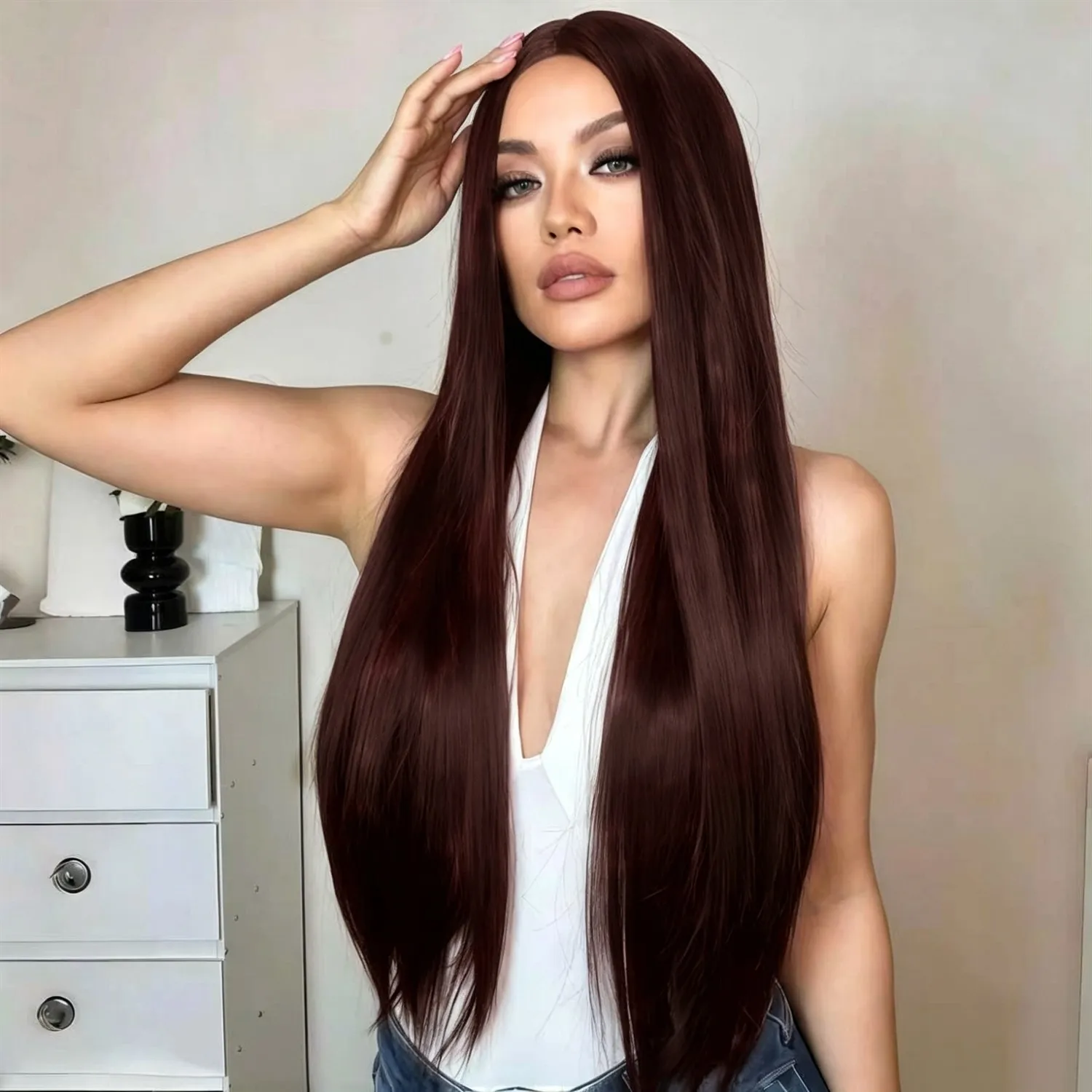 Straight Wig 30 Inch 2 Dark Brown Heat Resistant Synthetic Wig For Women With Side Bangs