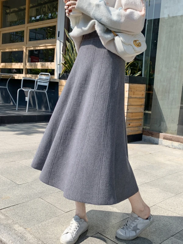 High Waist Knitted A-Line  Skirt for Women White Thick Slimming Vintage Style Sweater Umbrella Skirt Trendy Commute Wear