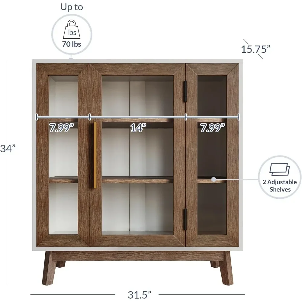 31 Inch Set of 2 Sideboard with 3-Tiers Shelves and Glass Display Door，Storage/Pantry Cabinet Coffee Bar ，Buffet Cabinet