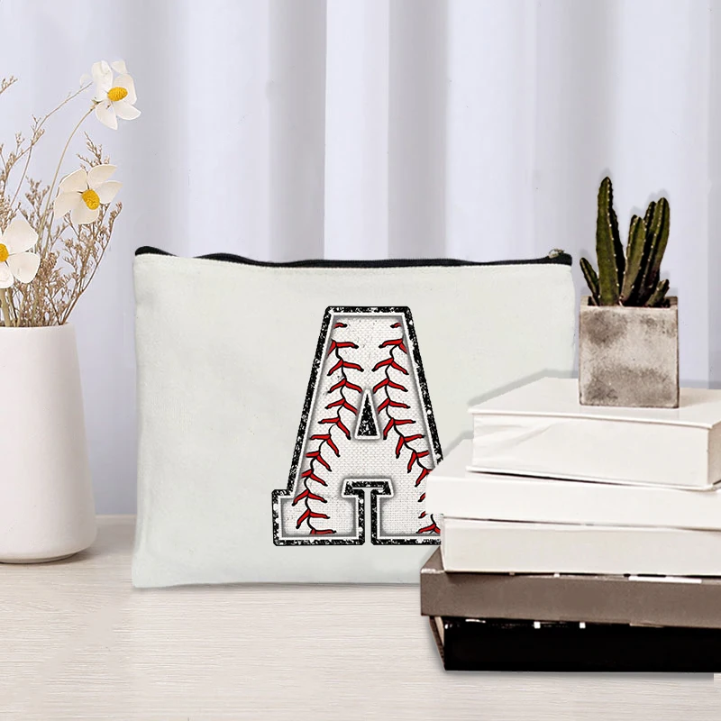 Baseball Initial Makeup Bag Monogrammed Cosmetic Bag Letter A Baseball Gifts for Girls Women Baseball Player Coach Friend