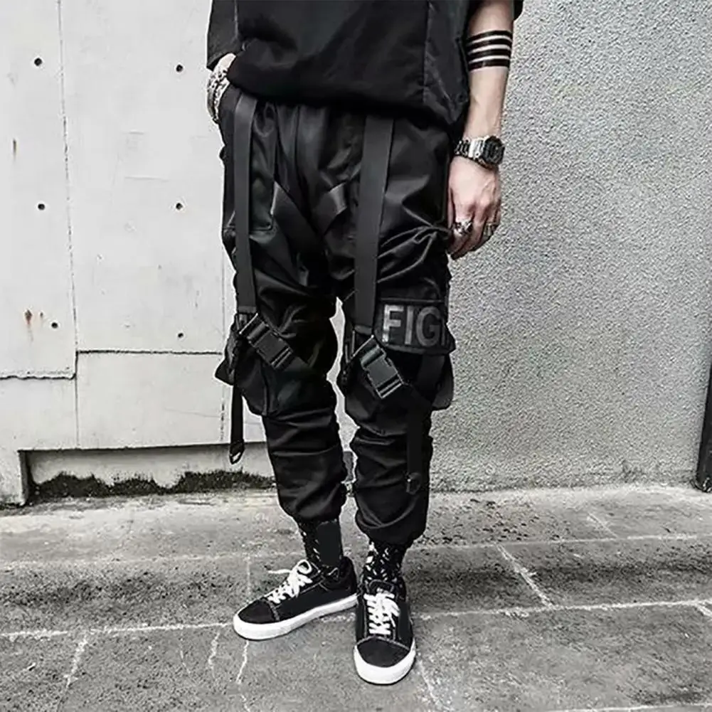 

Reinforced Pocket Seams Trousers Loose Fit Men Pants Hip Hop Style Men's Cargo Pants Individual Straight Leg Strap Decor Solid