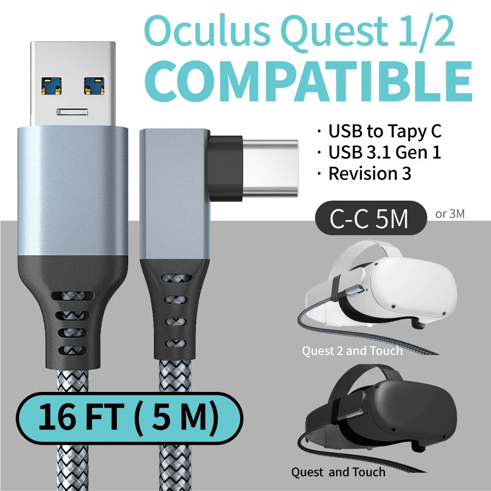 كابل Hellodigi VR Link لـ Meta Quest 2/Meta Quest 3/Steam VR سماعة الألعاب اتصال الكمبيوتر شحن سريع USB 3.1 إلى النوع C
