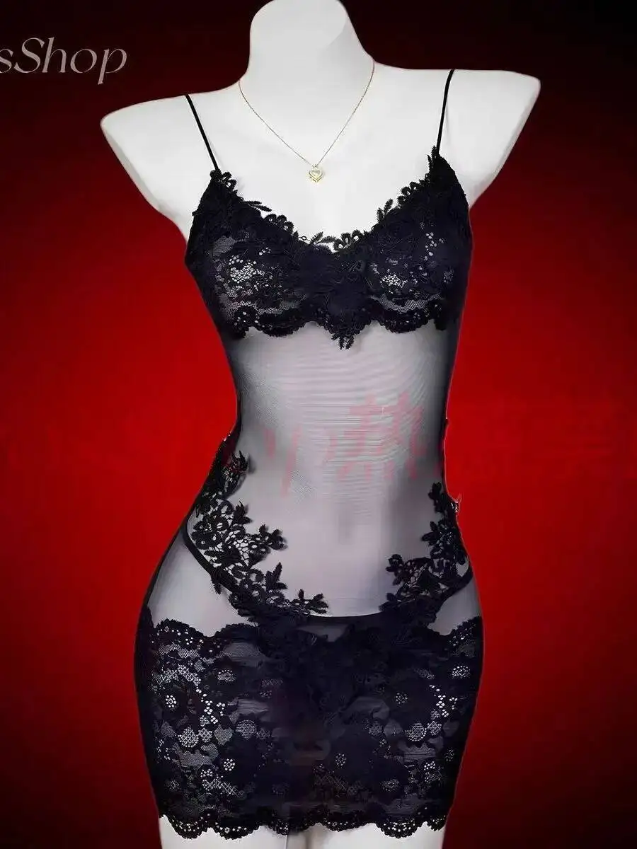 Sexy damesstijl pure mesh kant patchwork riem mini-jurk heet meisje jurk rugloze diepe v bretels mouwloos charmant 4L5J