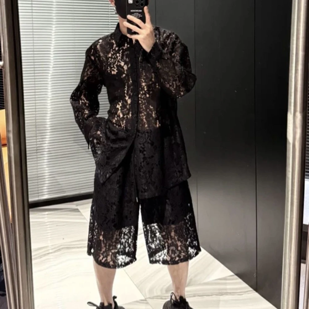 Men's Solid Color Jacquard Hollow Long-Sleeved Set Sexy Retro Fashion Trend Loose Casual Breathable Niche Summer New Men's Set - Image 3
