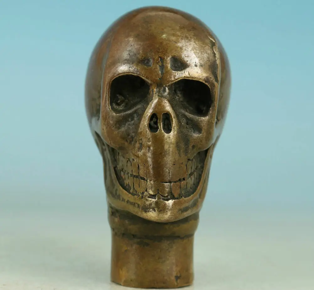 

Asian Chinese Old Bronze Handmade Carved Skull Statue Walking Stick Head