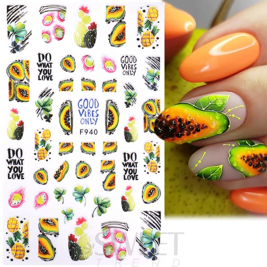 3D Pawpaw Fruit Nail Stickers Lemon Cherry Watermelon Summer Fruit Series Manicure Gel Polish Tattoo Sliders Nail Decoration BEF