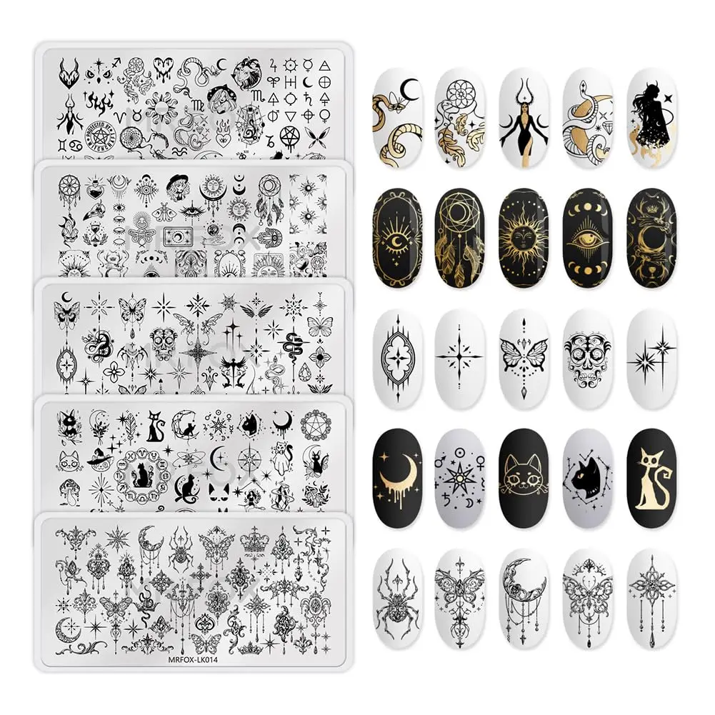

5-Piece Nail Art Stamping Set with Star, Moon, and Esoteric Designs for DIY Manicures