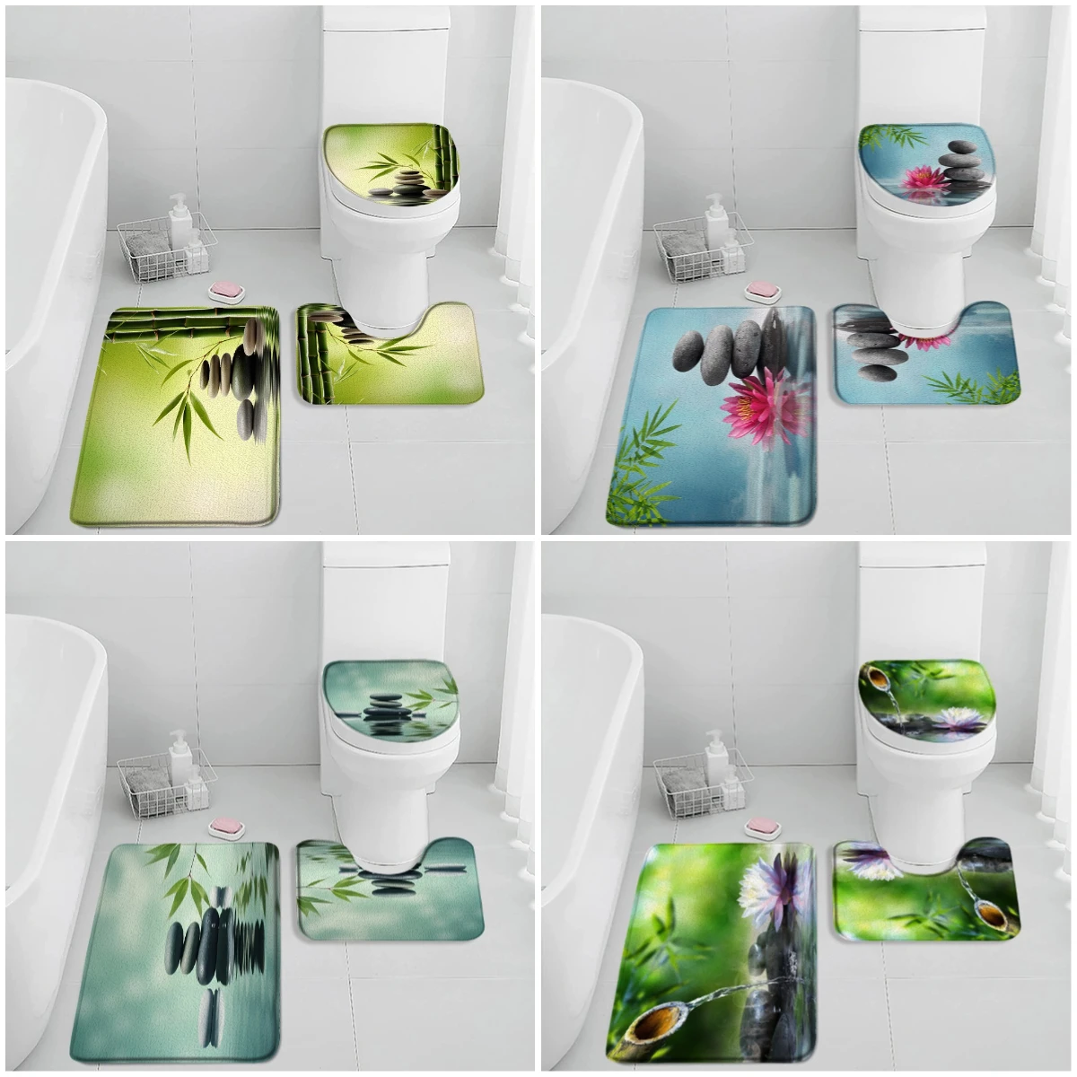 

Zen Green Bamboo Bath Mat Set Lotus Black Stone Towers Buddha Meditation Bath Decor Bathtub Rug Home Carpet Toilet Lid Cover