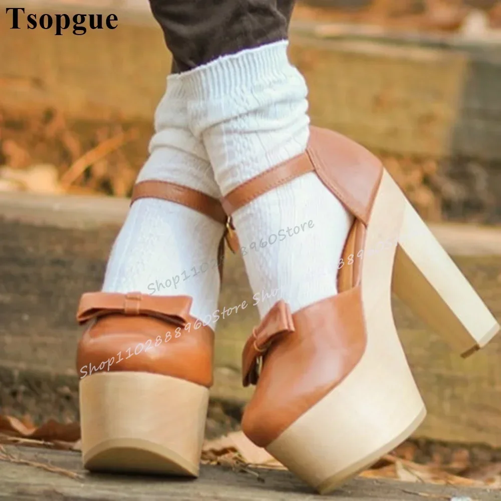 

Orange Matte Leather Platform Bowknot Sandals Chunky High Heel Women Shoes Lace Up Round Toe 2025 Fashion Zapatos Para Mujere