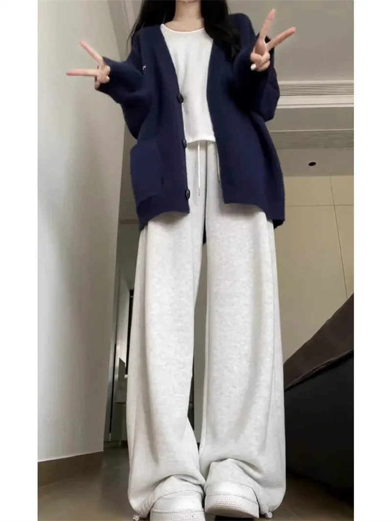 

Свободный длинный вязаный свитер для женщин, весенняя модная повседневная одежда, свободный крой, V-образный вырез, длинный рукав, средней длины