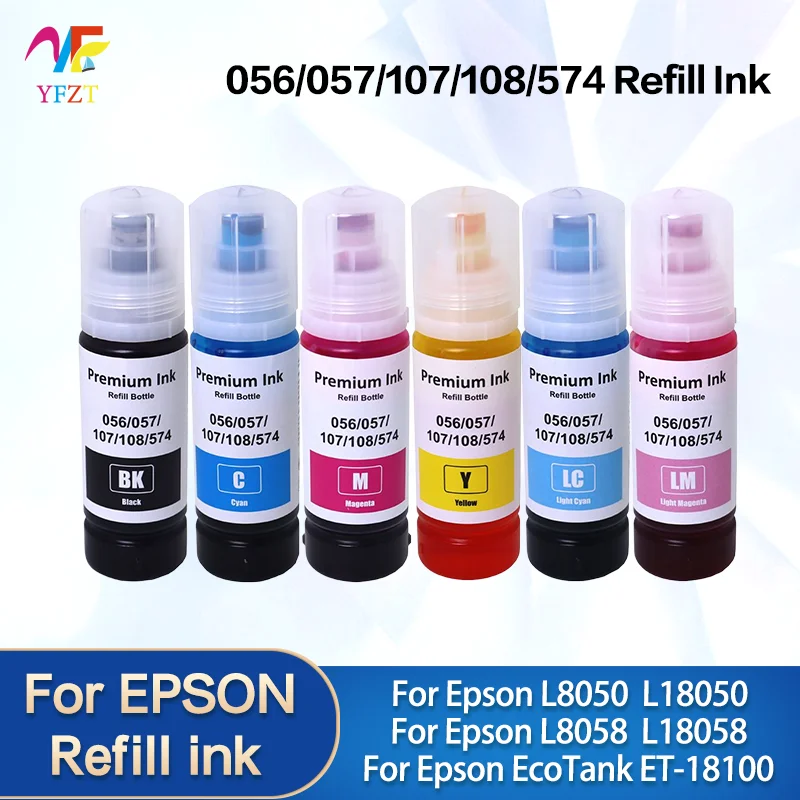 056 057 Refill Dye Ink For Epson 107 108 574 Refill Ink For Epson L8050 L8058 L18050 L18058 EcoTank ET-18100 Printer